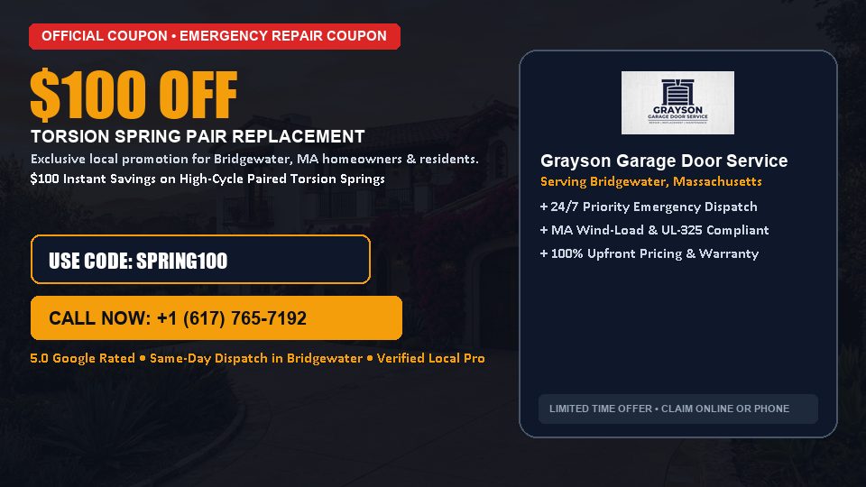 $100 OFF Dual High-Cycle Torsion Spring Replacement in Bridgewater, MA - Grayson Garage Door Service