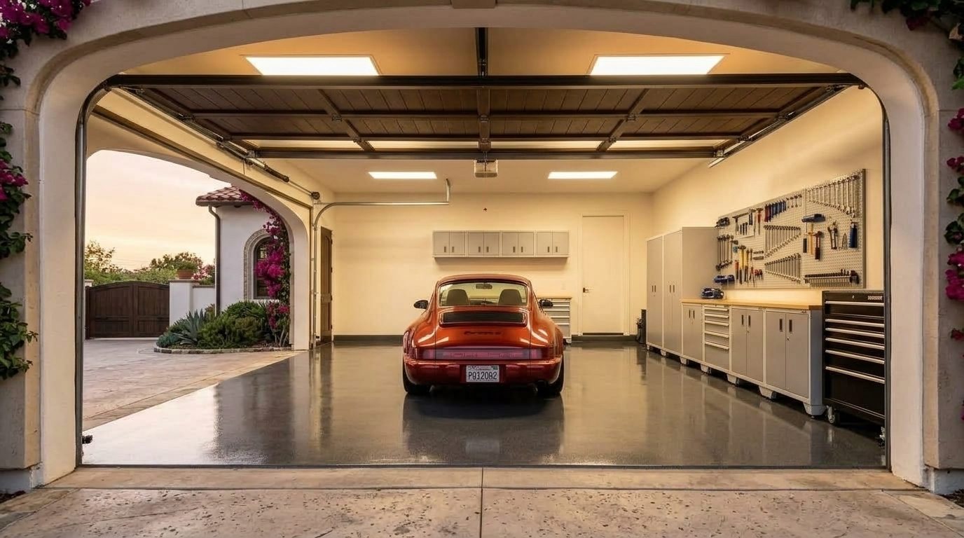 Grayson Garage Door Service Interior View of Custom Garage Door Overhead and Workshop